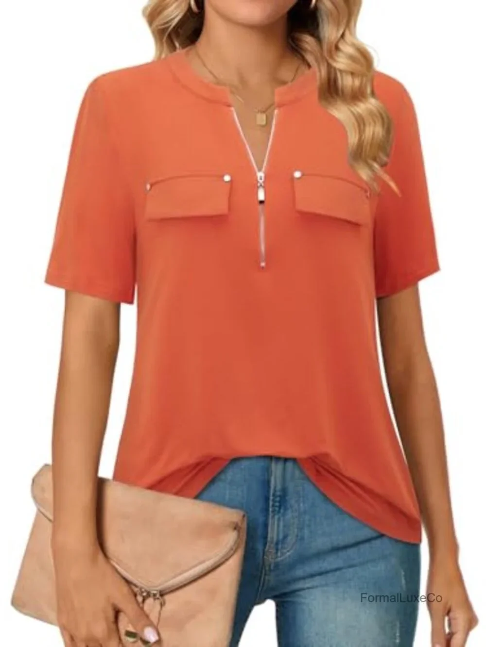 Women's Zip Front V-Neck Short Sleeve Tunic Blouse with Pockets - Stretchable
